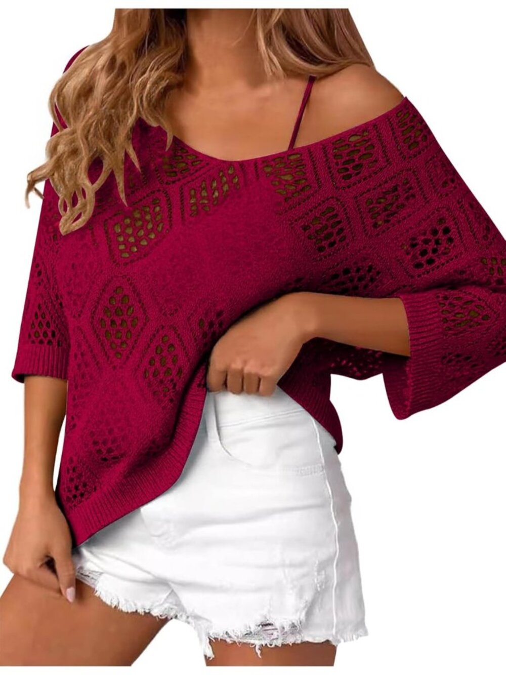 🆕Women's Burgundy Sleeve Crochet Tops Summer V Neck Beach Cover Ups Casual